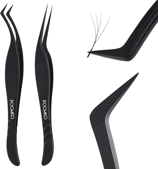 Lash Extension Tweezers, Professional Fiber Tip Lash Tweezer Set for Classic & Volume Lashes, High Precision Eyelash Tweezers Kit– Black Set of 2, Ideal for Lashes Artists