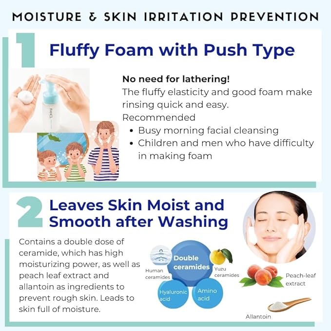 FANCL Pure Moist Cleansing Foam – Japanese Facial Cleanser, Face Wash, Luxurious Foaming Lather, Hydrating, additive-free, Women/Men/Kids, All Skin Types