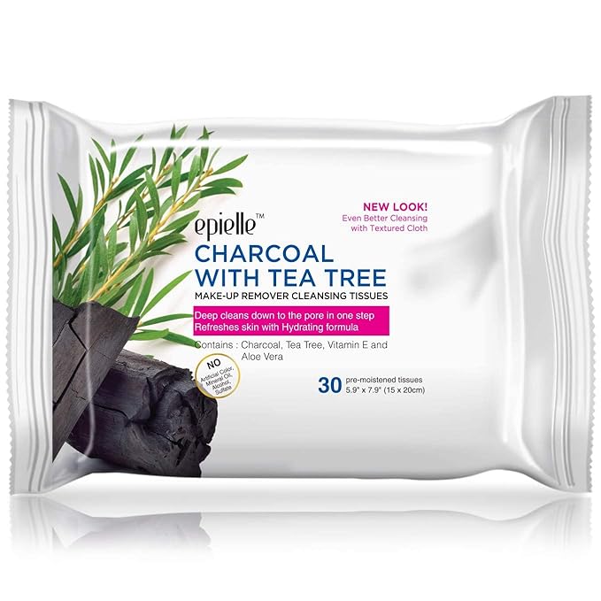 Epielle Makeup Remover Wipes, Remove Waterproof Mascara, Gentle Daily Facial Cleanser Towelettes with Collagen, Tea Tree & Aloe Vera, Stocking Stuffers, 30 Count (Pack of 6)