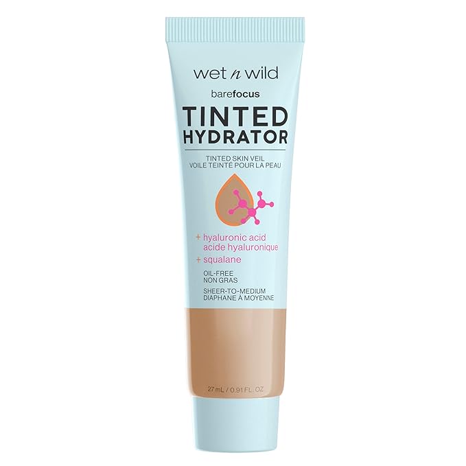 wet n wild Bare Focus Tinted Hydrator Tinted Skin Veil, Lightweight Buildable Coverage with Hyaluronic Acid & Vegan Squalane, Semi-Matte Finish, Cruelty-Free - Medium Tan