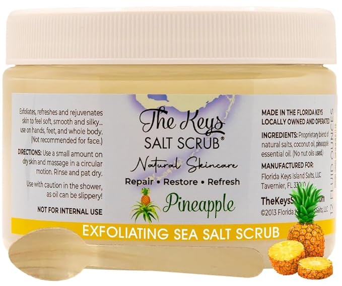 The Keys Salt Scrub -Sea Salt Scrub - Exfoliating Body Scrub with Wooden Spoon - Moisturizing Exfoliator for Hands, Foot, Bath, (Pineapple) (12 Fl Oz (Pack of 1), Pineapple)