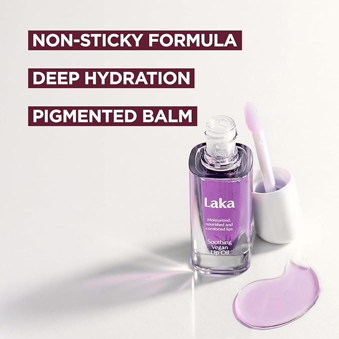 Laka Soothing Vegan Lip Oil 4.5g/0.15oz., Nourishing Formula with Jojoba Seed Oil for Healthy Lips, Gender-Neutral, Vegan, K-Beauty (#Calming Purple)