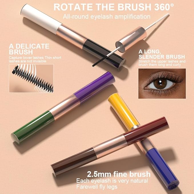 Waterproof Colorful Mascara with Small Brush, 1 Mascara with 2 Colors, Multi-Color, 2 Brush 2 Colors, Smudge-Proof, Long-Lasting, Volume and Lengthening, No Clumping (Green & Purple)