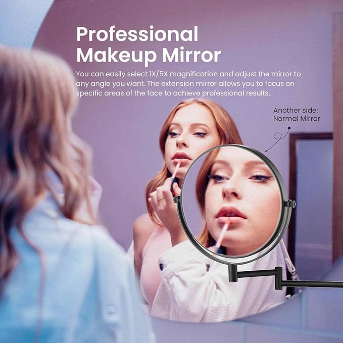 KIBI Circular Wall Mount Makeup Mirror, Dual-Sided 1x/5x Magnifying Mirror with Extendable Arm, 360° Swivel, Solid Brass Construction for Durability and Style (Matte Black - KMM100)
