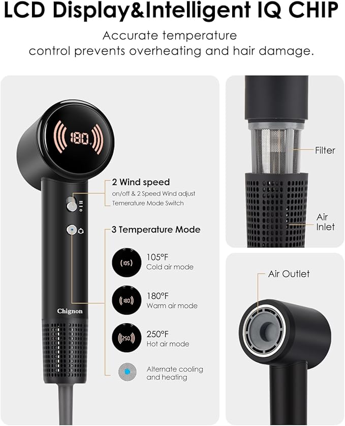 Hair Dryer with Diffuser - Chignon High Speed Mini Blow Dryer, 110,000 RPM Motor, Small Hair Dryer Ionic Smart Temp Control, Magnetic Nozzle, Low Noise, Lightweight, 110V for Fast Styling