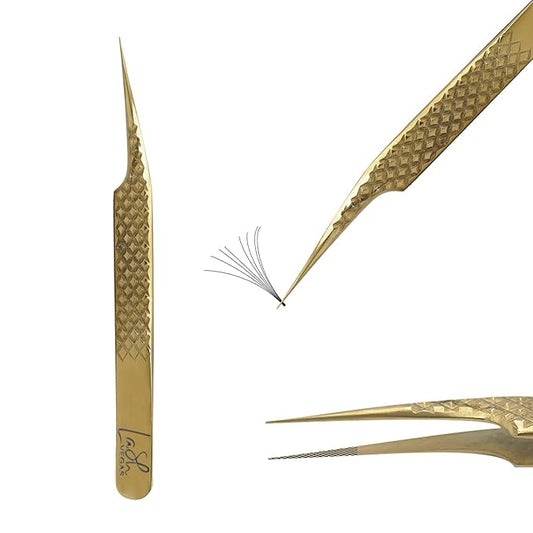 Icy Curved Tweezer - Diamond Grip Lash Tweezers for Eyelash Extensions - Multi-Use Fiber Tip Lash Tweezers for Classic & Volume Lash Extensions – Gold