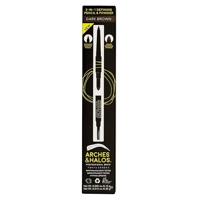 Arches and Halos 2 in 1 Defining Eyebrow Pencil and Powder - Brow Powder with Spoolie Brush - Shape and Fill for Natural Look - Dark Brown - 0.017 oz