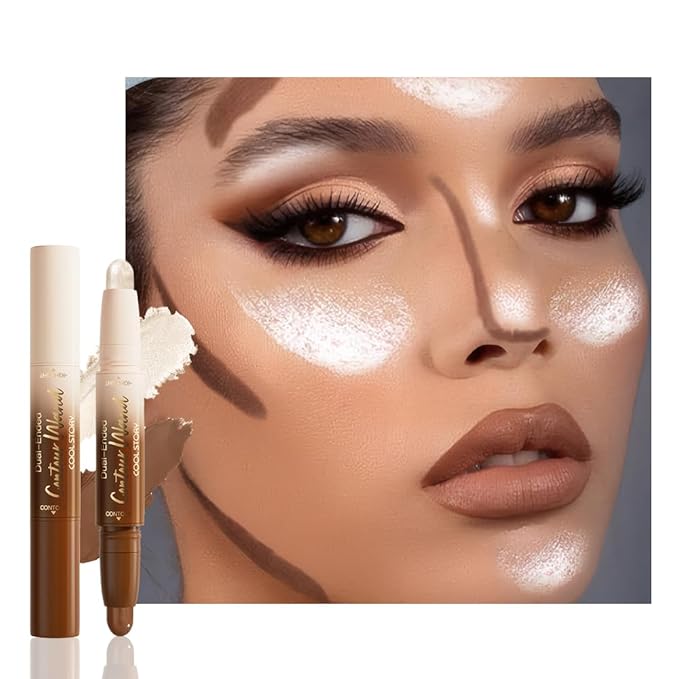 2in1 Nuetral Nude+Silver Shimmer Cream Contour Highlighter Stick, Dual-Ended Highlighter Makeup Contour Stick, Contour Stick Dual Ended For Face Body Makeup, Long Lasting Waterproof for All Skin Tones
