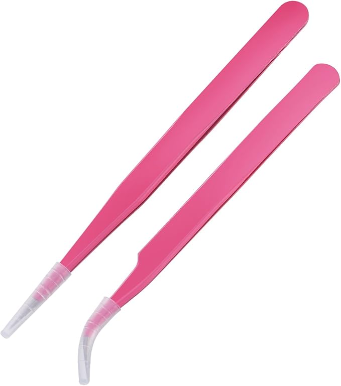 Hotop 2 Pieces Straight and Curved Tip Tweezers Eyelash Extension Tweezers, Stainless Steel False Lash Application Tools (Pink)