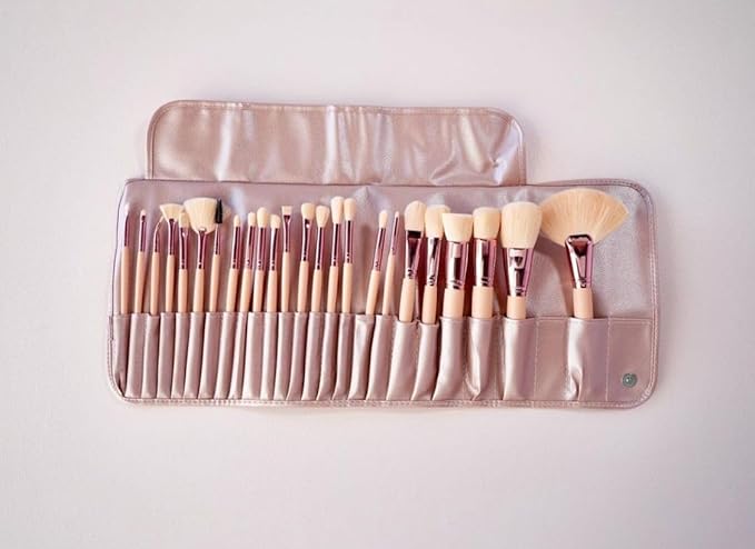 Blooming Mood 24-Piece Makeup Brush Set - Natural Beige Design, Soft Synthetic Bristles, Complete Face and Eye Brush Kit with Elegant Roll-Up Pouch - Ideal for Beginners, Professionals & Gift Giving