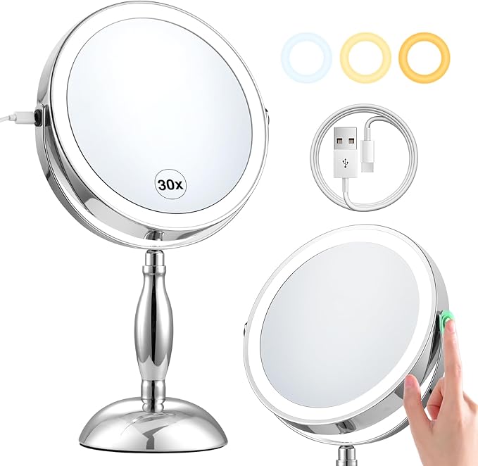 30x Magnifying Mirror, Lighted Makeup Mirror with 3 Colors Modes & Adjustable Brightness, 5000mAh Rechargeable, 360° Rotation Double Side, Large Magnifying Vanity Mirror, Gifts for Women