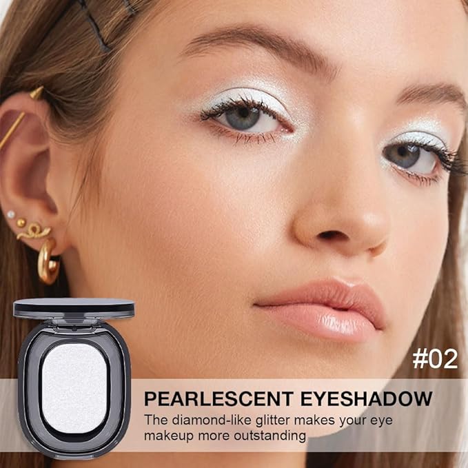 Eyeshadow Single Shimmer, Monochrome Glittler Eyeshadow Palette, Pressed Glitter Single Eyeshadow, Everyday Low Saturation Delicate Long-Lasting Eye Makeup Looks Eye Shadow White 02