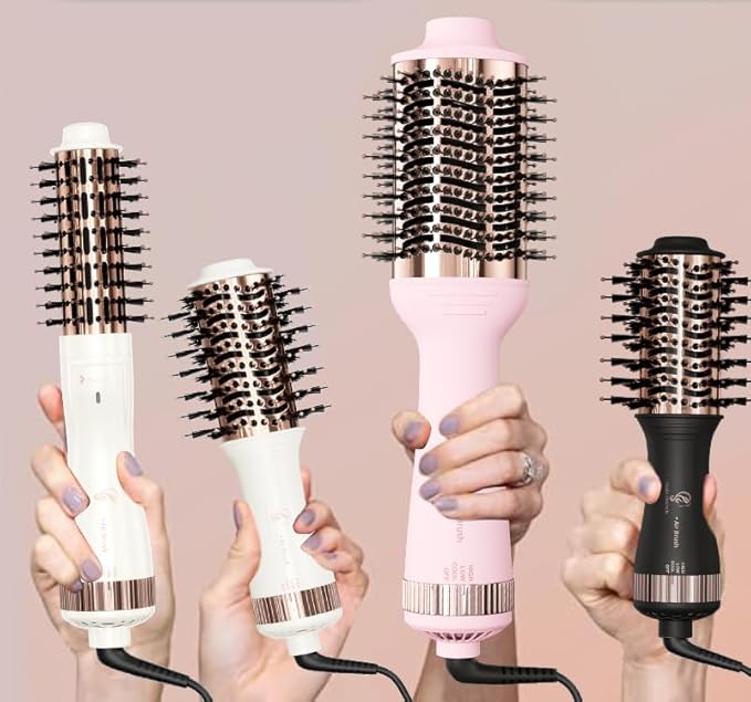 Big Size Dual Voltage Hot Air Brush Dryer, 4 in 1 Ionic Blowout Hair Dryer Brush & Styler Volumizer with 75MM Oval Titanium Barrel for Long & Thick Hair