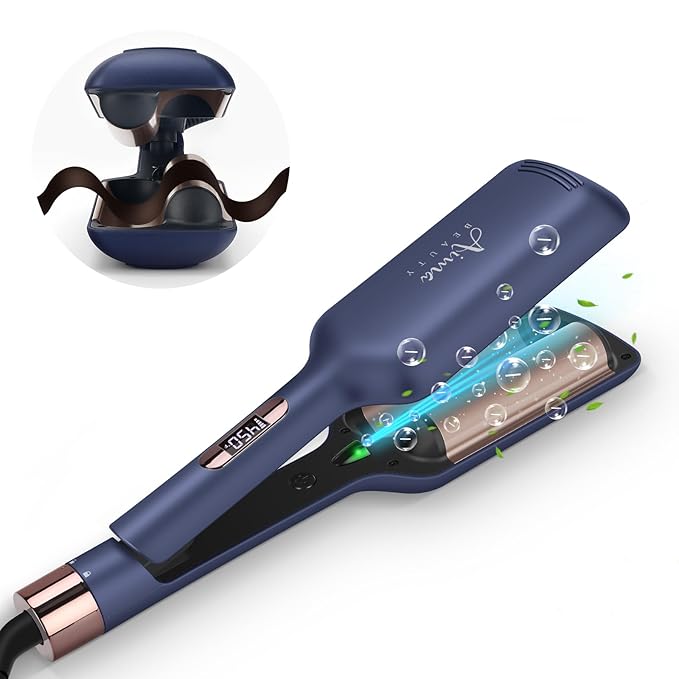 32mm (1.25") Aima Beauty Twins Mermaid Loose Hair Waver, Anti-Scald Hair Crimper 2 Barrel, Worldwide Dual Voltage Curling Iron, Curling Wand Storage Lock 15S Heats Up Medium/Long Hair Prussian Blue