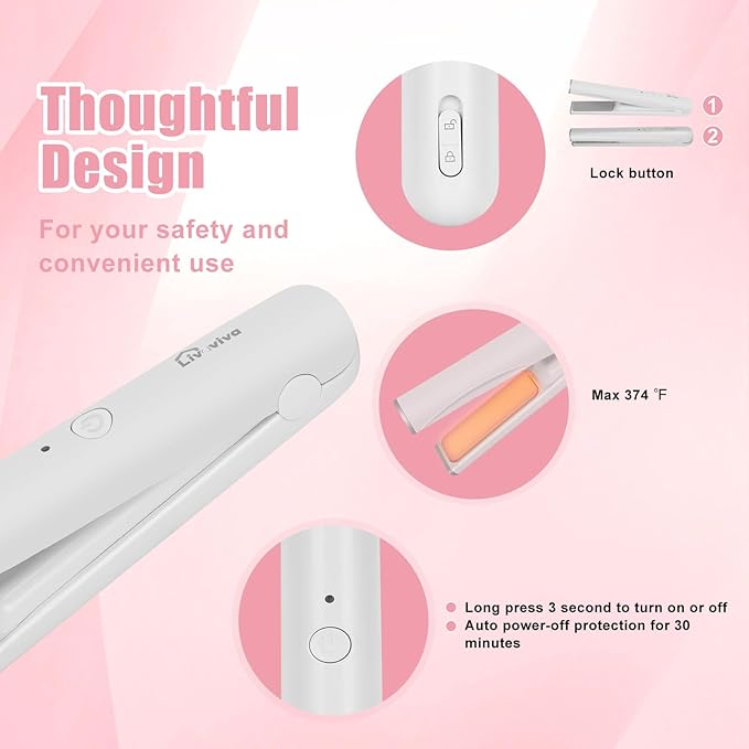Mini Portable Cordless Hair Straightener,USB Rechargeable，Rapid Heating can Work continuously for 40 Minutes,Wireless Curling Iron for Travel (White)