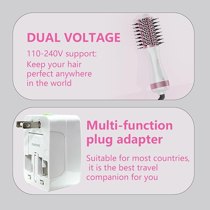 Auto Dual Voltage Hair Dryer Brush,110V-120V/220V-240V,Travel HairDryer Brush,Small Hot Airbrush,Blow Dryer Brush,Small Hair Dryer Brush,4 in 1 Hair Dryer and Styler Volumizer