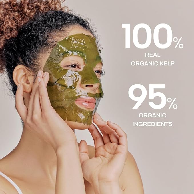 Whamisa Organic Algae Kelp Facial Sheet Mask, De-Puffing, Deep Hydration, Soothing, Moisturizing, Postbiotics, Fermentation, Korean Skin Care (5 PCS/Pack)