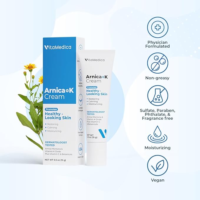 VitaMedica Arnica + Vitamin K Bruise Recovery Cream for Face & Under-Eye, Sensitive-Skin Formula, Post-Procedure Support, 0.5 oz