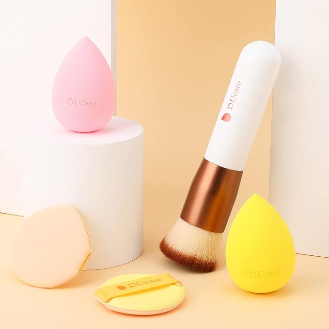 DUcare Foundation Brush with Makeup Sponges Puff Flat Top Kabuki Brush for Liquid Blending Mineral Powder Buffing Stippling