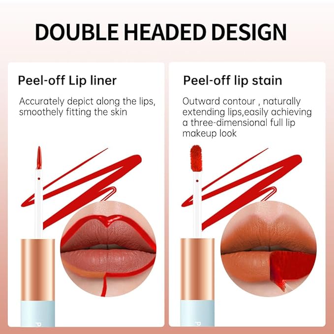 Double-head design Lip Stain Lip Liner Stain,Matte Finish Peel Off Lip Stain with Tweezer, Long Lasting Lightweight Smoothing Waterproof Smudge-proof Transfer-proof,Easy to Use,3#peach