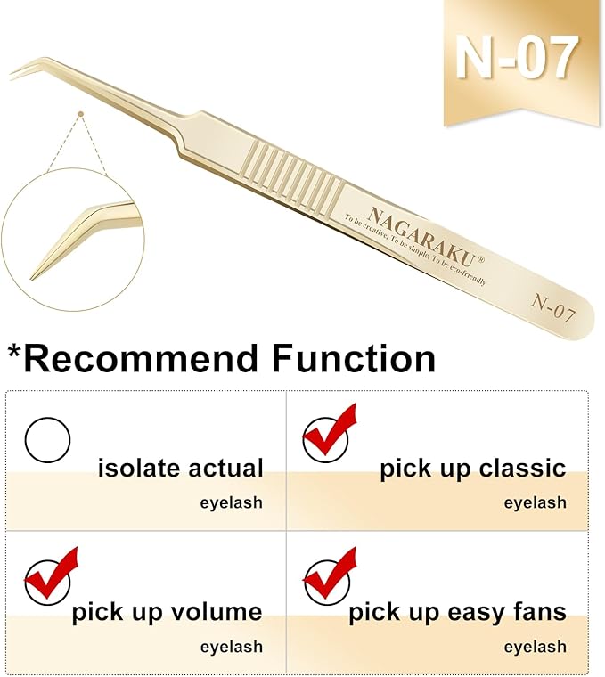 NAGARAKU Tweezers for Eyelash Extensions Gold Curved Angled Volume Cluster Super Light Weight Easy Fanning Tweezers Stainless Steel Precision (N-07)