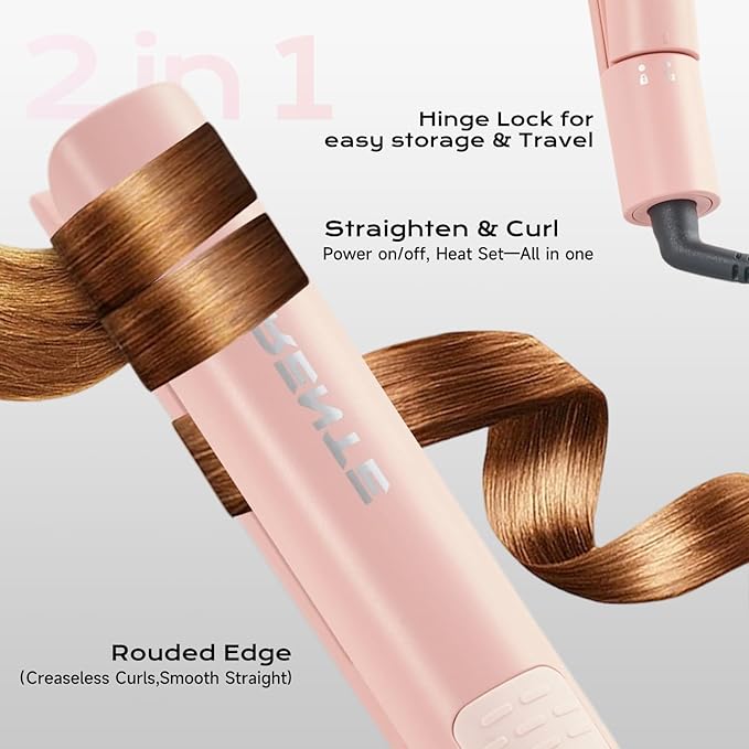 Titanium Flat Iron Travel Hair Straightener and Curler 2 in 1 with Quick Fast Heating, 1 Inch Professional Straightening Iron, 5 Temp Settings for All Hair Types, Dual Voltage & Auto-Shut Off(Pink)