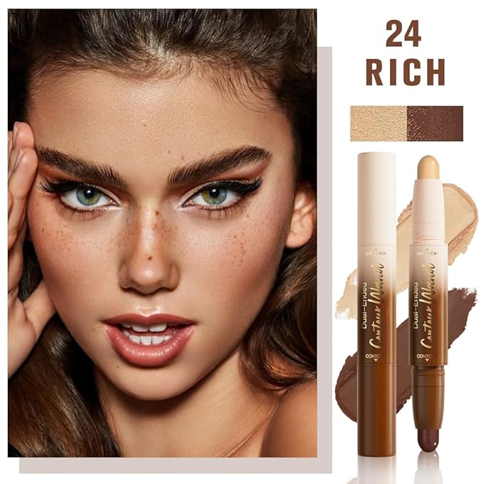 2in1 Nude Brown+Nude Cream Contour Highlighter Stick, Dual-Ended Highlighter Makeup Contour Stick, Contour Stick Dual Ended For Face Body Makeup, Long Lasting Waterproof for All Skin Tones