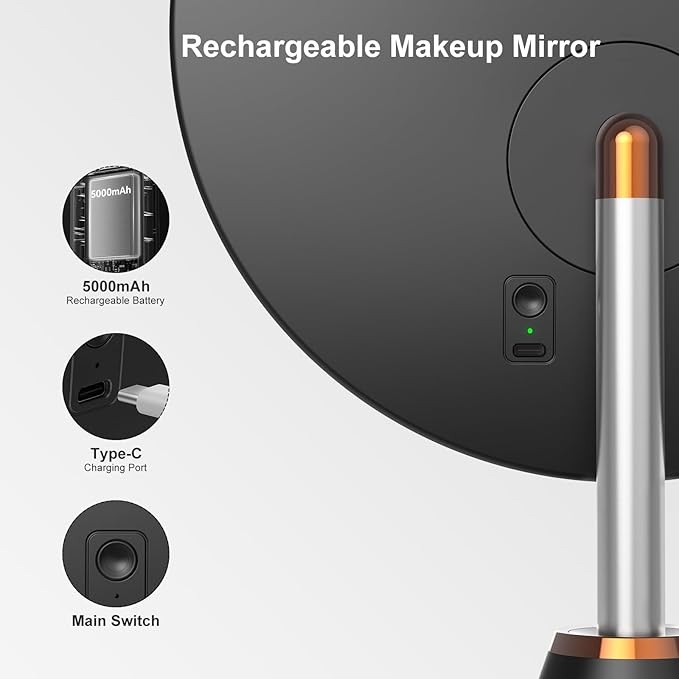 10.5" Professional Makeup Mirror with Lights, Rechargeable HD Vanity Mirror, CRI≥98 True-Sunlight, 3 Color Modes & Stepless Dimming, 5000mAh Battery, Ideal Gift for Women