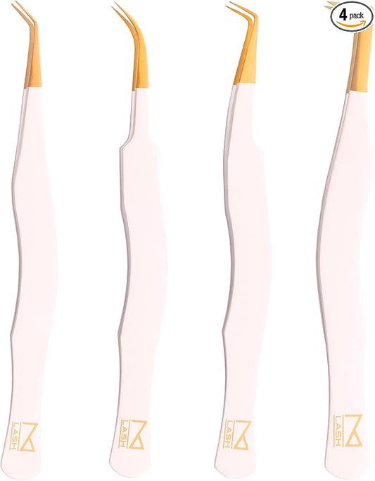 M LASH Eyelash Tweezers for Eyelash Extensions (Set of 4) - Professional Lash Extension Tweezers - Fiber Tip Lash Tweezers, Japanese Steel, Diamond Grip For Flawless Application (White)