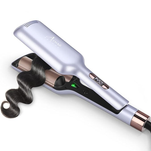 32mm Aima Beauty 2 Barrel Curling Wand Big Wave Mermaid Hair Waver, Anti-Scald Curling Iron, Negative Ionic Emitter Lock Moisture Worldwide Dual Voltage Medium/Long Hair (Purple)