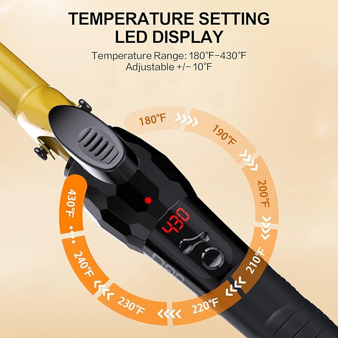 DAN Technology 3/4 Inch Curling Iron Wand, Tourmaline Ceramic Hair Curler with LCD Display (180°F–430°F), Fast Heating, Dual Voltage, Auto Shut-Off, Black & Gold