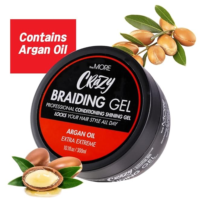 The MORE Crazy Conditioning Shining Braiding Gel, Extra Extreme Hold for All Hair Types, 10.1 Fl Oz, Clear Styling Gel, Nourishes Scalp, Hair Growth, Enriched with Argan Oil