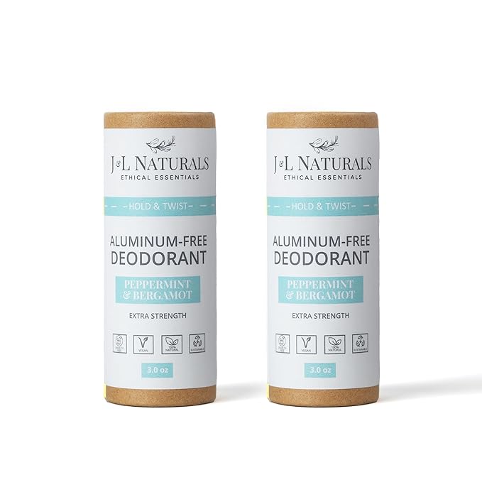 J&L Naturals Aluminum Free Deodorant for Men & Women | 100% Natural Ingredients With Coconut Oil, Shea Butter, & Essential Oils | Sustainable, Eco-Friendly (Peppermint & Bergamot, 3.0 Oz (Pack of 2))