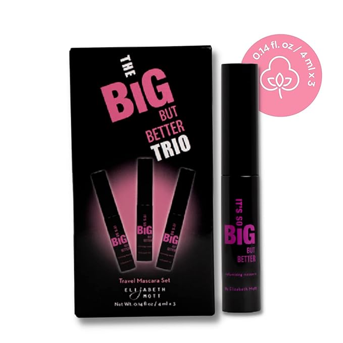 Elizabeth Mott Black Volumizing Mascara Set – Smudge-Proof, Water-Resistant, Lengthening Fiber Formula with Hourglass Wand – Cruelty-Free, Safe for Lash Extensions – Travel-Size Mini Trio, 4ml Each