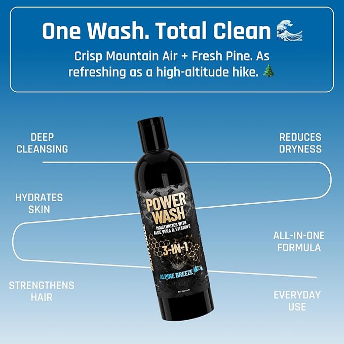 Derm Dude 3-in-1 Body Wash, Shampoo & Conditioner for Men | Daily Hydrating Shower Gel with Aloe Vera & Vitamin E | All Skin & Hair Types | Alpine Breeze Scent, 8oz