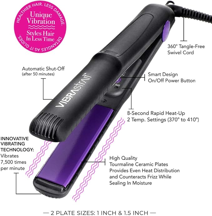 Essential Vibrating Ceramic Tourmaline Ionic Flat Iron, 1.5-inch - Fast, Frizz-Free Ceramic Hair Straightener with Easy, Gentle Glide for Waves, Curls, Smooth Hair