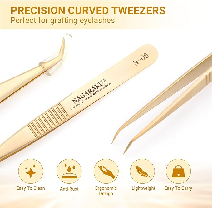 NAGARAKU Gold Tweezers for Eyelash Extensions Curved Angled Volume Cluster Super Light Weight Easy Fanning Tweezers Stainless Steel Precision (N-06)