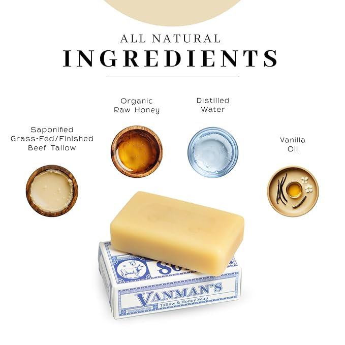 VanMan Beef Tallow and Honey Bar Soap – Pure Grass-Fed Beef Tallow for Skin with Vanilla Oil, Raw Honey & Distilled Water, Hydrating & Nourishing, Vanilla Scent, Clean Ingredients, 3.8oz - 5 Pack