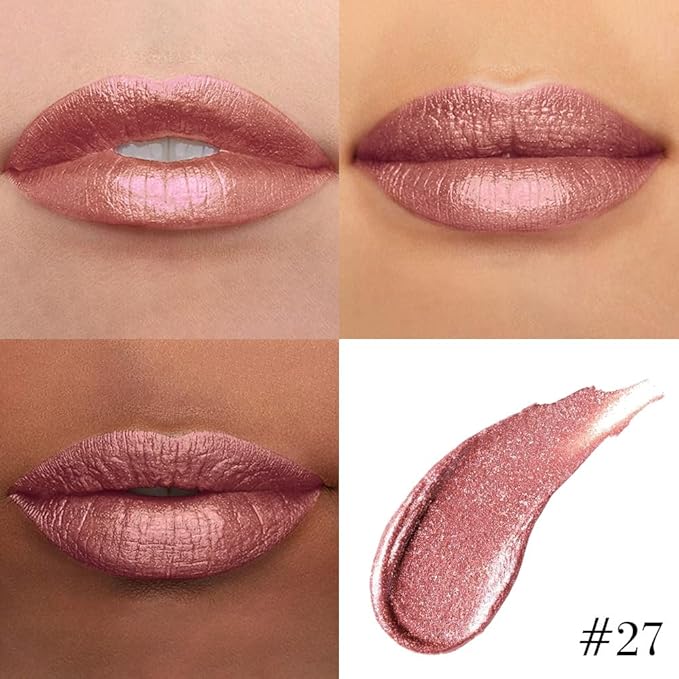 evpct Nude Gold Metallic Glitter Lip Liner and Lipstick Combo Lip Gloss Stain Set Makeup for Women Long Lasting Waterproof 24, Nude Gold Metallic Shimmer Frosted Iridescent Glossy Liquid Lipstick 27