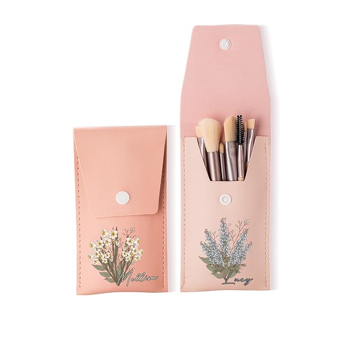 callie Personalized Makeup Brush Set, Custom Birth Flower Travel Cosmetic Makeup Brush Set with Bag Holder Case, Birthday Gift for Women (8 Brushes)