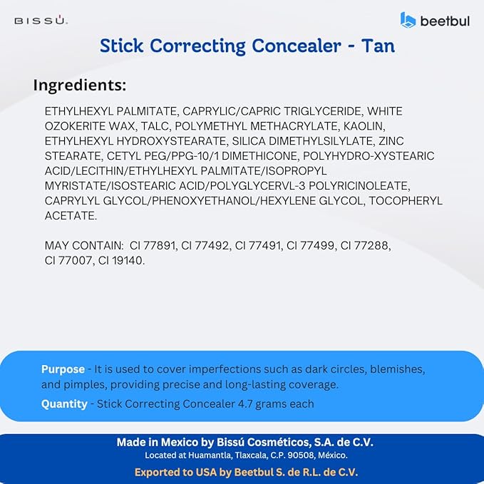 Bissú Stick Correcting Concealer - 15 Versatil Shades, Natural Finish, Contouring, Highlighting, Easy Application, 4,7 grms (Tan, Stick)