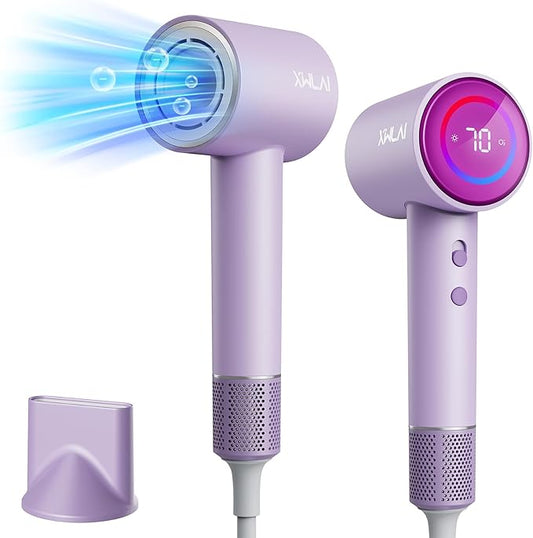 Hair Dryer, 110000 RPM High-Speed Brushless Motor Negative Ionic Blow Dryer for Fast Drying, Low Noise Thermo-Control Hair Dryer with Nozzle and Tri-Colour LED Light Ring for Home, Travel (Purple)