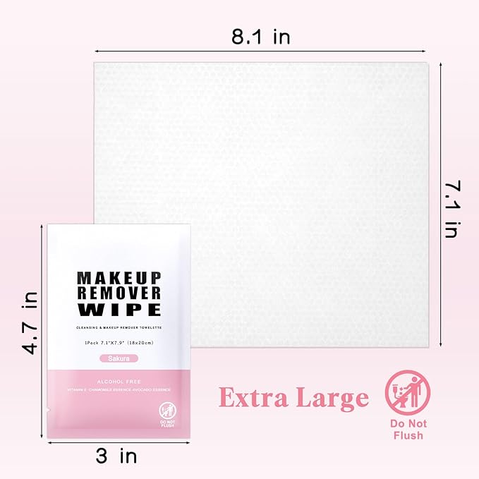 Pack of 200 Makeup Remover Wipes Individually Wrapped,Sakura Scent,Face Cleansing Wipes Bulk, Travel Towelette Makeup Remover Cloth for Face Cleansing Skin Care Remove Makeup