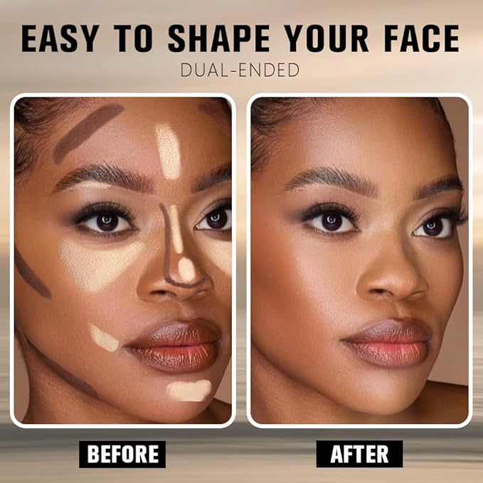 2in1 Nude Brown+Nude Cream Contour Highlighter Stick, Dual-Ended Highlighter Makeup Contour Stick, Contour Stick Dual Ended For Face Body Makeup, Long Lasting Waterproof for All Skin Tones