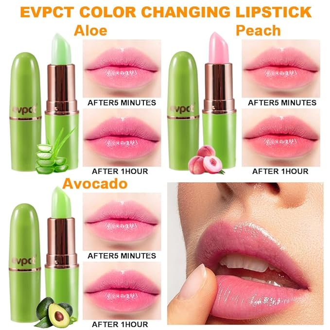 BINGBRUSH Aloe vera Color Changing Lipstick,Moisturizer Long Lasting Lip Care Magic Lip Gloss,Makeup Lipstick Set (3Pcs Aloe vera+ Peach+ Avocado Green, 3 Count (Pack of 1))