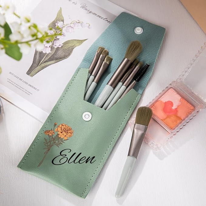 callie Personalized Makeup Brush Set, Custom Birth Flower Travel Cosmetic Makeup Brush Set with Bag Holder Case, Birthday Gift for Women (8 Brushes)