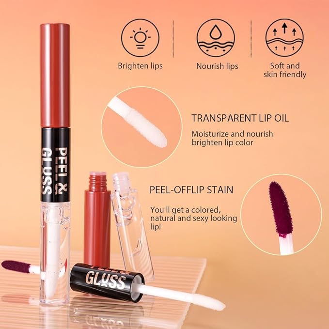 Berry Purple Peel off Lip Stain Lip Oil Dual Ended Combo Set with Tweezer, 2 in 1 Lips Liner Stain Oil Long Lasting Waterproof, High Pigmented Flawless Lips Tint Stick Not Faded Vegan & Cruelty-free