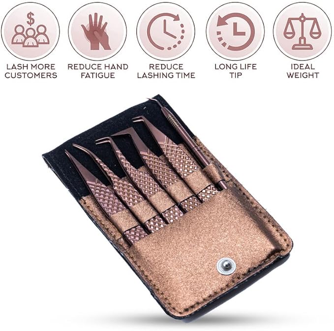 5 Pcs Fiber-Tip Japanese Steel Lash Tweezer Set with Leather Case, Professional Eyelash Tweezers for Lash Extensions – Titanium Coated, 90 & 45 Angled, Precision Pointed Tweezers (METALIC-ROSE)