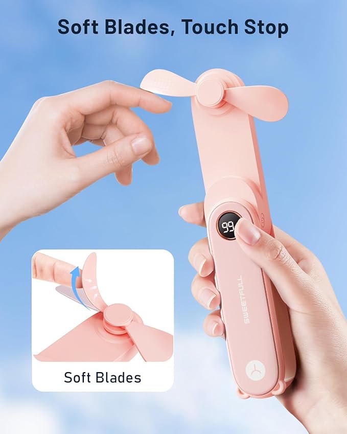 SWEETFULL Portable Handheld Mini Fan with LED Display, 3-in-1 Personal Foldable USB Rechargeable Hand Held Fan & Flashlight for Travel, Lash Eyelash, Cute Small Pocket for Women, Girls