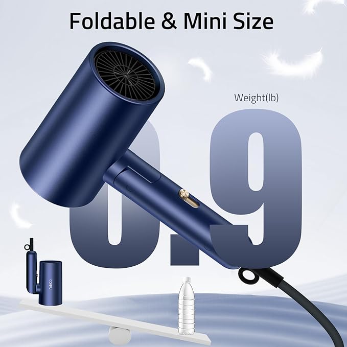 CONFU Diffuser Hair Dryer for Curly Hair,1500W Fast Drying Blow Dryer with Diffuser for Women,Compact & Portable Negative Ion Hairdryer Blowdryer,Lightweight and Foldable Design for Travel(Blue)
